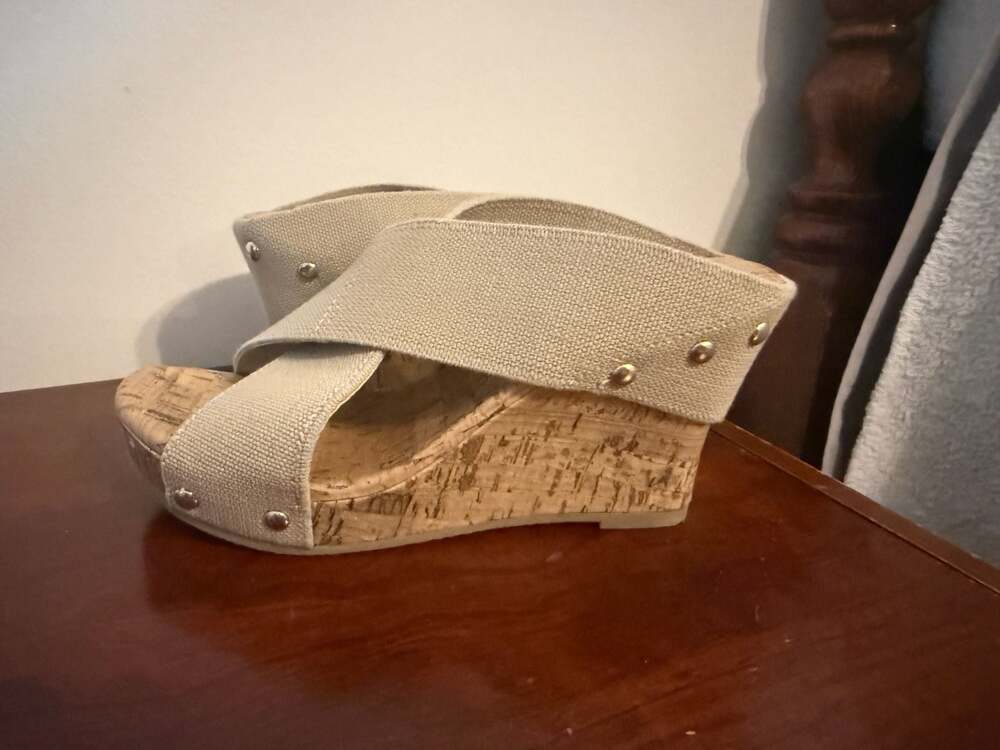Jaclyn Smith Beige Canvas Crisscross Studded Cork Wedge Sandals